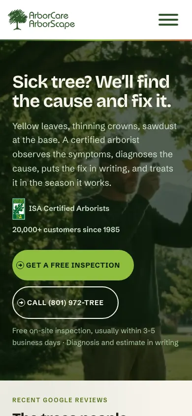 ArborCare-ArborScape homepage on a phone