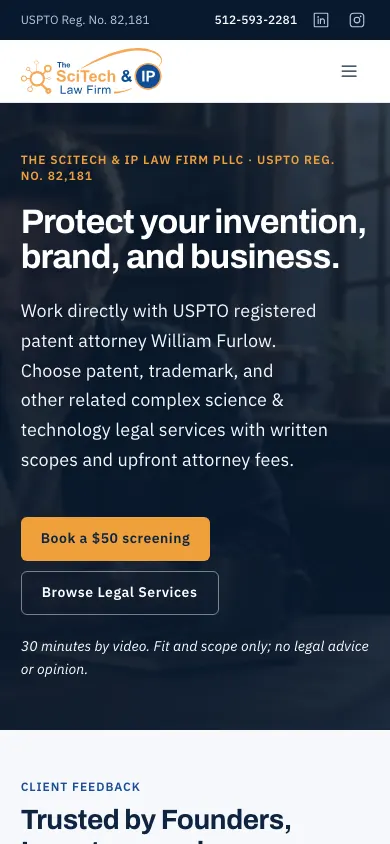 SciTech & IP Law Firm homepage on a phone