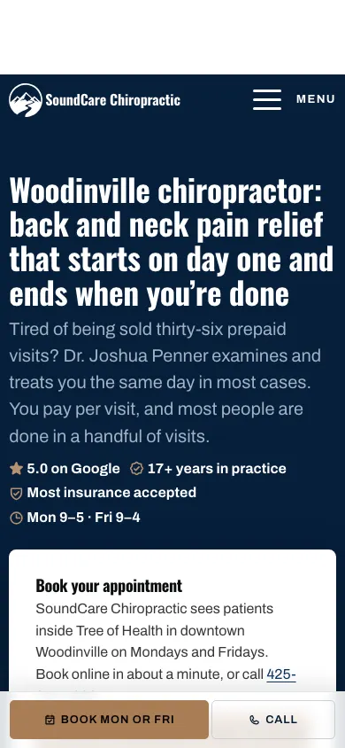 Woodinville Chiropractor homepage on a phone