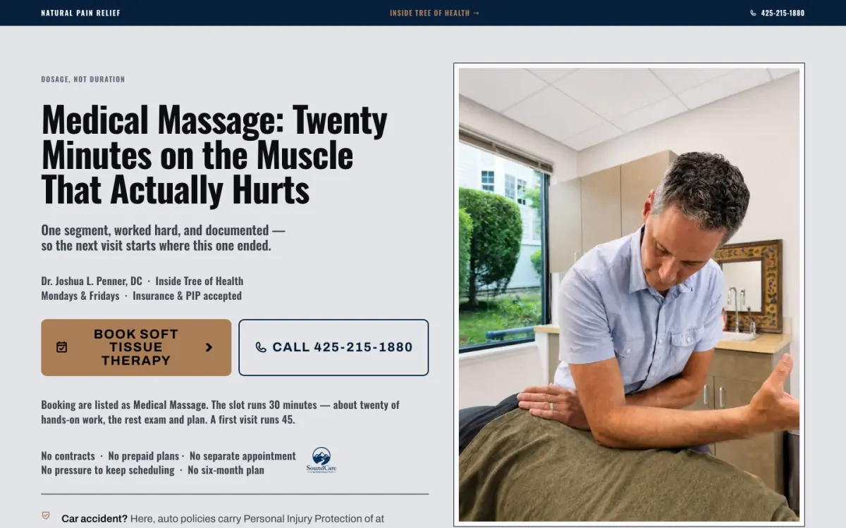 Woodinville Medical Massage homepage, desktop